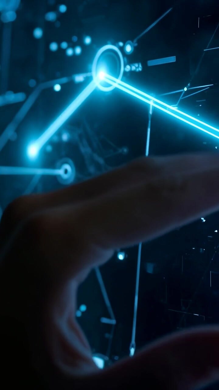 Vertical video: Moving hand with dark cuff nearing panel at dim console, tracing to link blue nodes