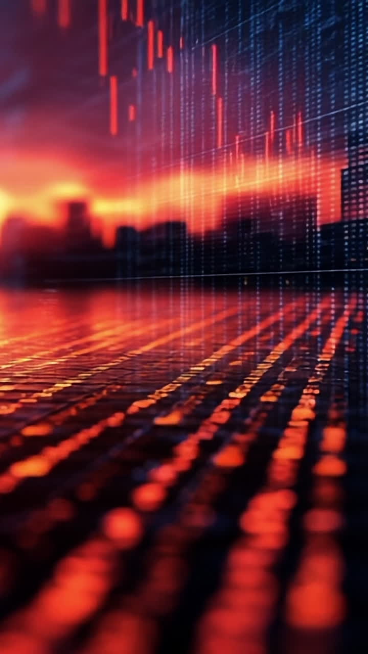 City skyline with data waves. Colorful reflections in water highlight a city skyline with digital data patterns against a vibrant sunset backdrop.