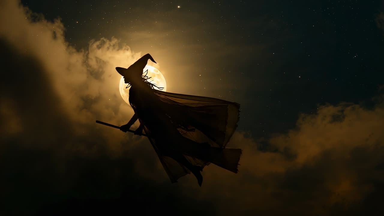 Glowing full moon behind clouds urging witch riding broomstick across night sky, with distant stars