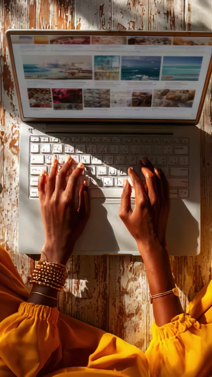 Engaging in Creative Digital Exploration: A Focused Individual Navigates through Vibrant Imagery on a Laptop Illuminated by Natural Light