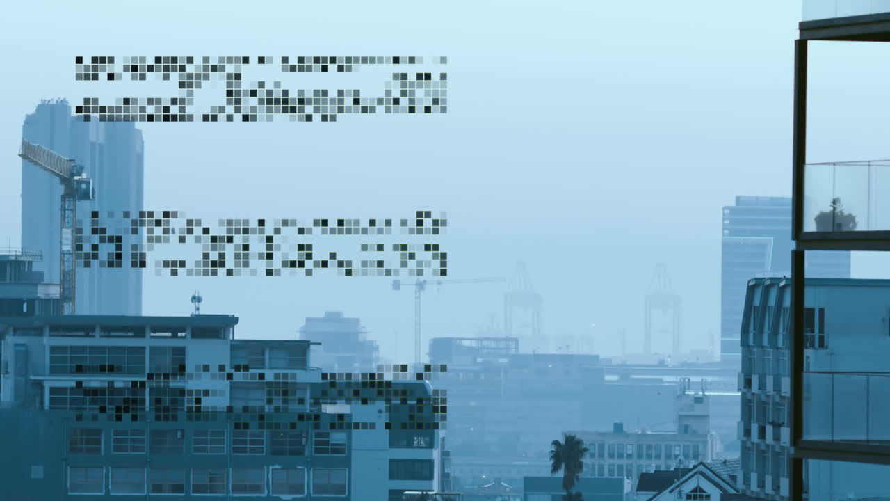 도시 풍경 위의 데이터 처리 애니메이션