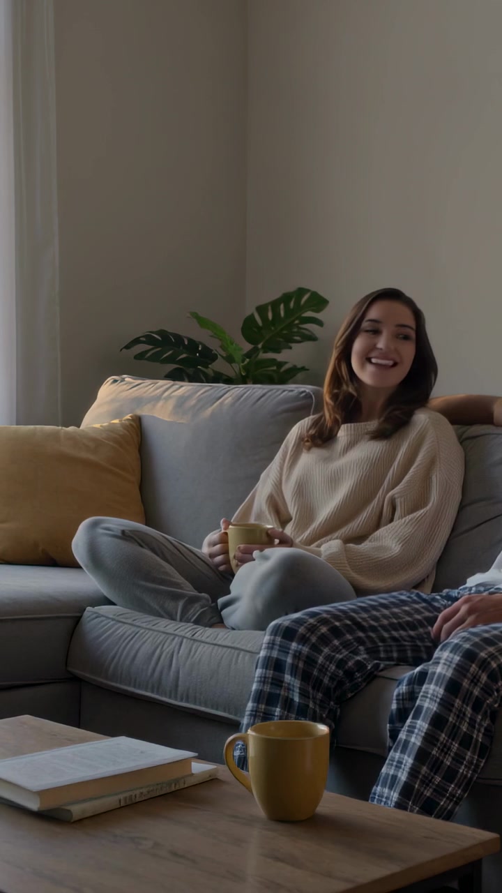 Video verticale: Donna sorridente che tiene una tazza gialla dopo che il partner ha parlato sul divano, con un maglione color crema.