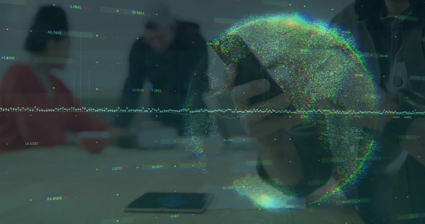 Man on right picking phone, manipulating in meeting with waveform, AR globe growing for tech demo