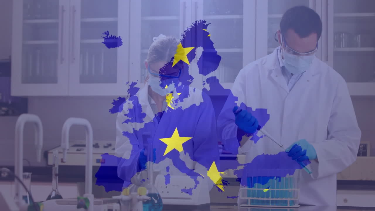 In school, scientists in lab coats creating animation with European ...