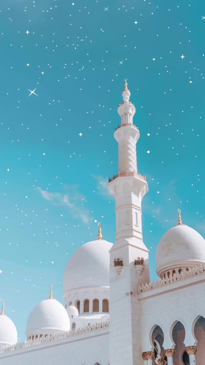 A low-angle video shot of a mosque's domes and minaret under a starry sky, dreamy style
