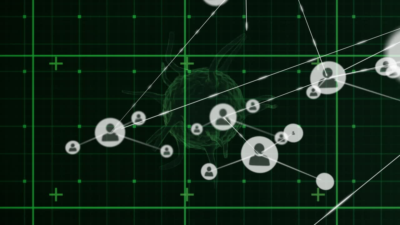 Network of profile icons over grid network against covid-19 cell spinning on black background