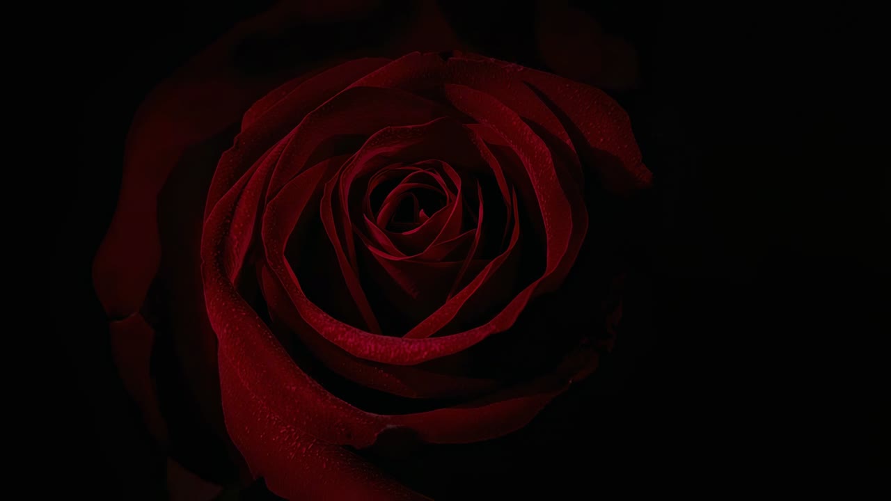 Variazione dell'illuminazione, rosa rossa intensa che rivela un nucleo a spirale più stretto in studio con goccioline
