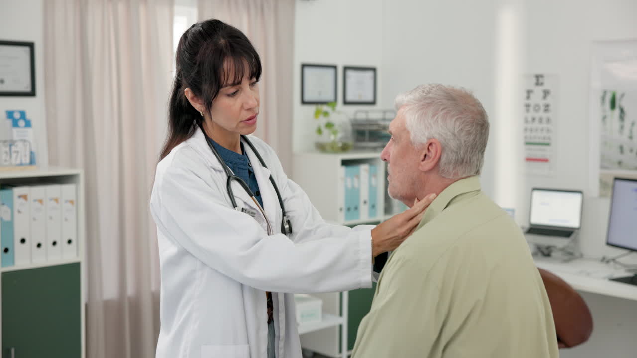 Female Doctor Examining Male Patient's Neck in Clinic