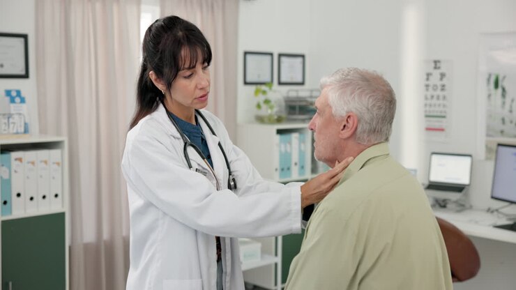 Female Doctor Examining Male Patient's Neck in Clinic