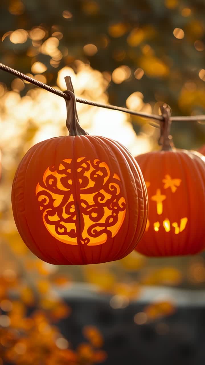Vertical video: Autumn breeze swaying carved pumpkins on garden rope with pulsing glow