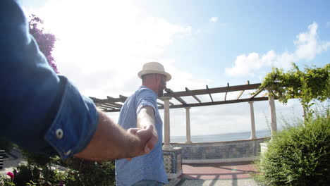 Back-view-of-gay-holding-boyfriend's-hand-and-walking-in-park