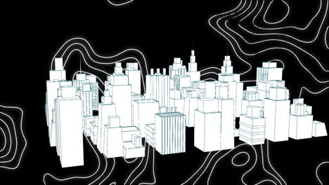 animation of 3d cityscape drawing over map lines on black background