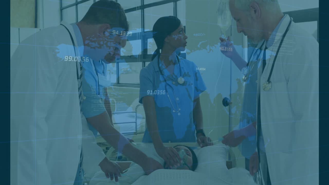 환자를 가진 다양한 그룹의 의사들에 대한 데이터 처리의 애니메이션