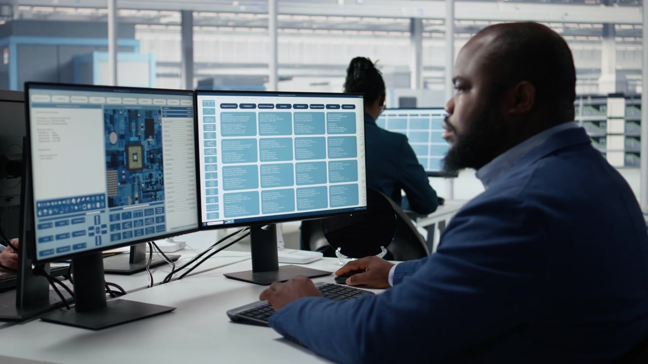 African American Engineer Analyzing Microchip Data on Dual Monitors