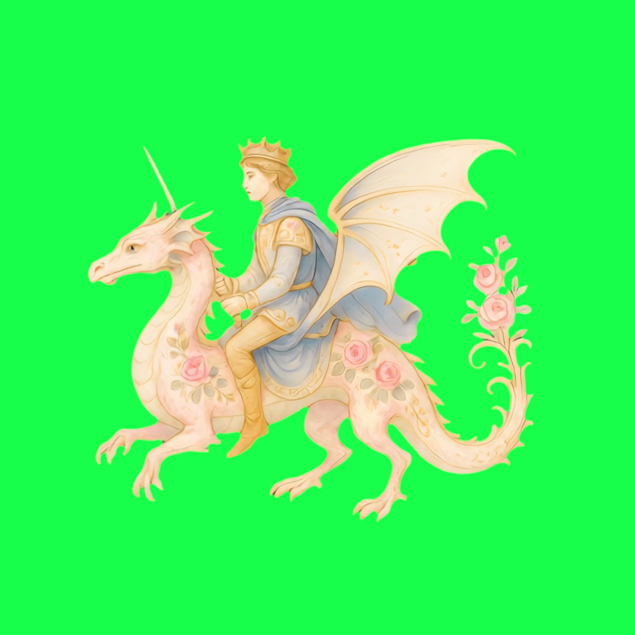 Illustrazione Fantasy di un Principe che Cavalca un Drago Adornato di Rose