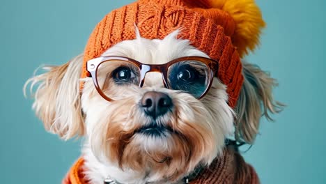 a small dog wearing a knitted hat and glasses