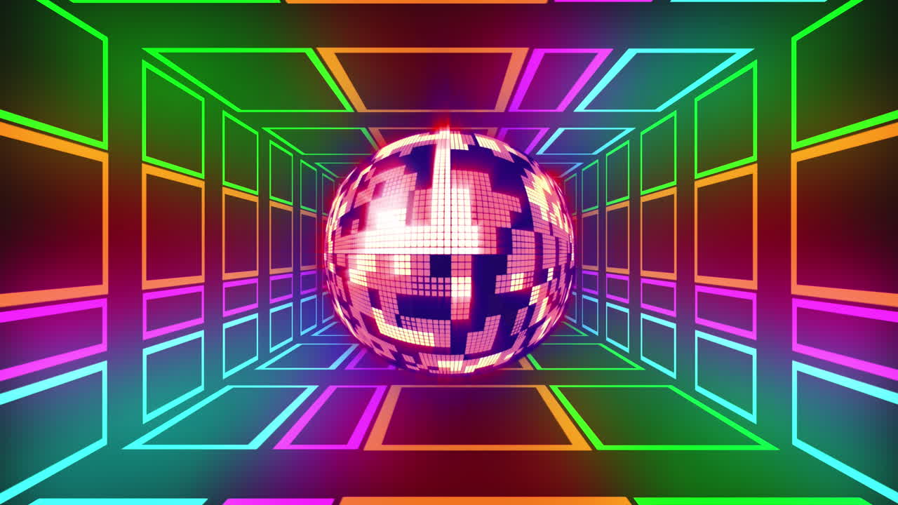 Animazione di una palla da discoteca su quadrati colorati su sfondo nero