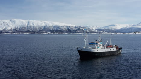 aerial drone view polar fjord cruise ship sailing in the arctic sea in tromso, norway