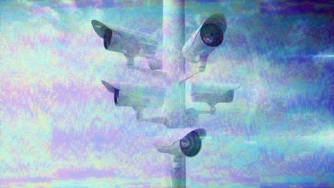 Animation-of-moving-CCTV-cameras-with-glitch-stripes-flickering-in-hypnotic-motion-in-seamless-loop