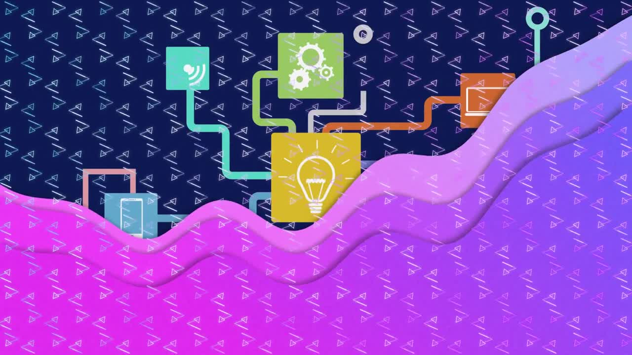 animación de una red de iconos de medios sobre ondas púrpuras y un patrón triangular sobre fondo negro