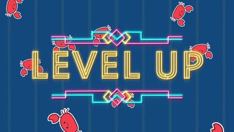 Animation-of-level-up-text-over-crabs-on-blue-background