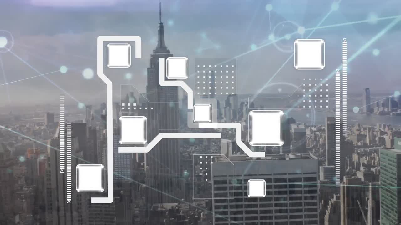 animación de la red de conexiones y la placa de circuitos informáticos sobre el paisaje urbano