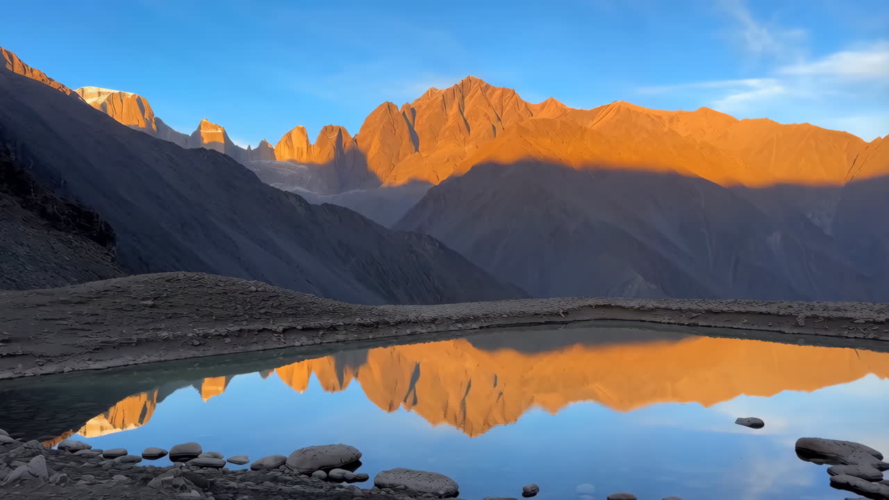 Golden Light Reflecting on Mountain Range in Serene Lake
