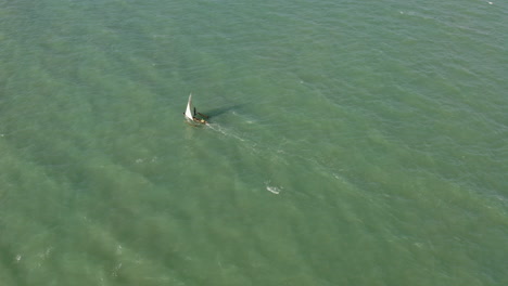 fishing boat with a sail is underway on a sunny day in a high wind near the coast of dar es salaam, tanzania