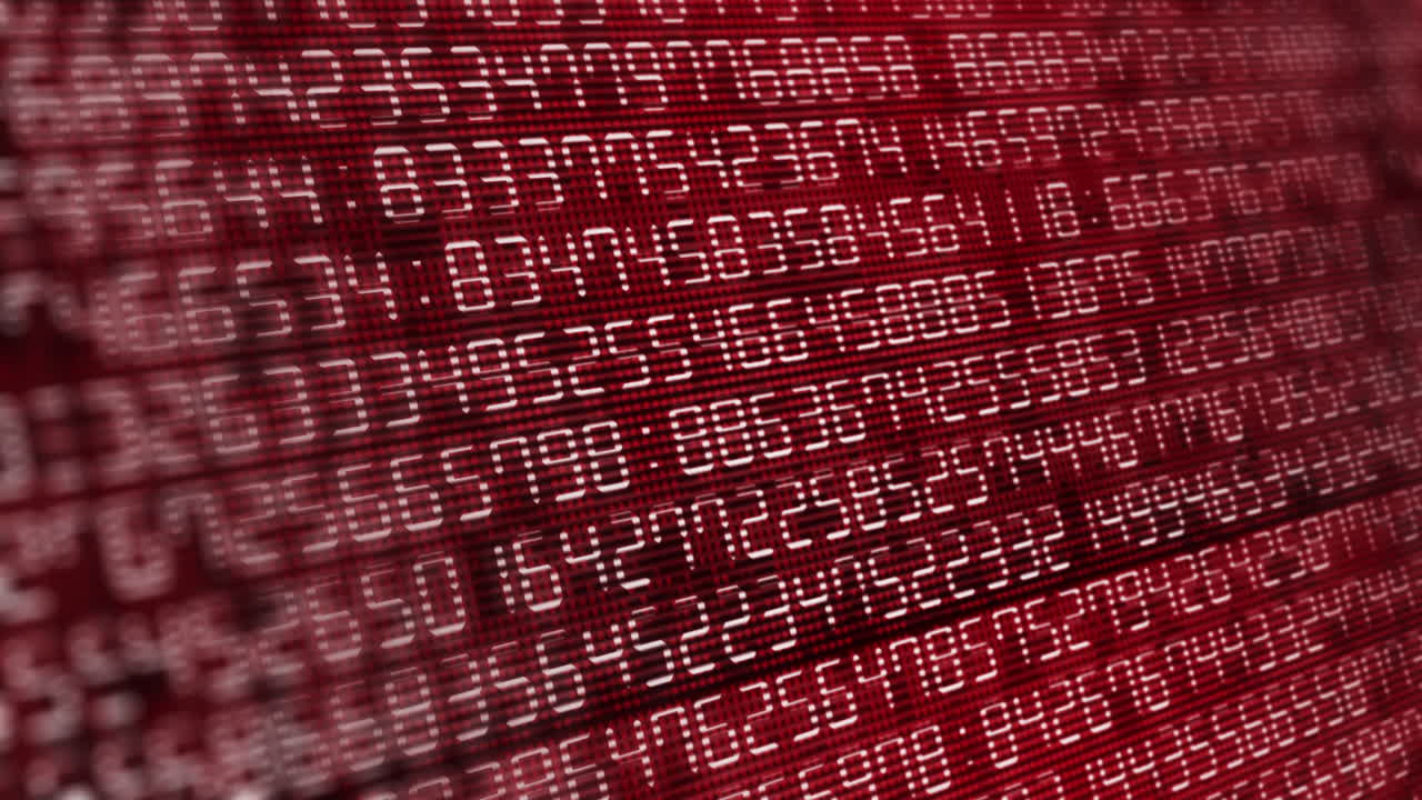 Moving and changing numbers on electronic digital display with pixels. Red screen animation with dark background. Computer digital code.