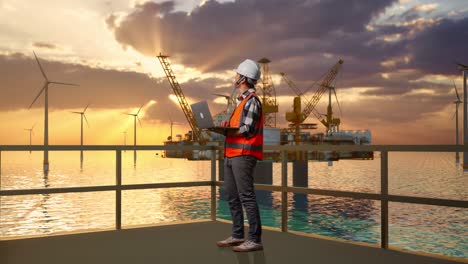 full body side view of asian male engineer with safety helmet working on a laptop and looking around while standing with offshore hydrogen production