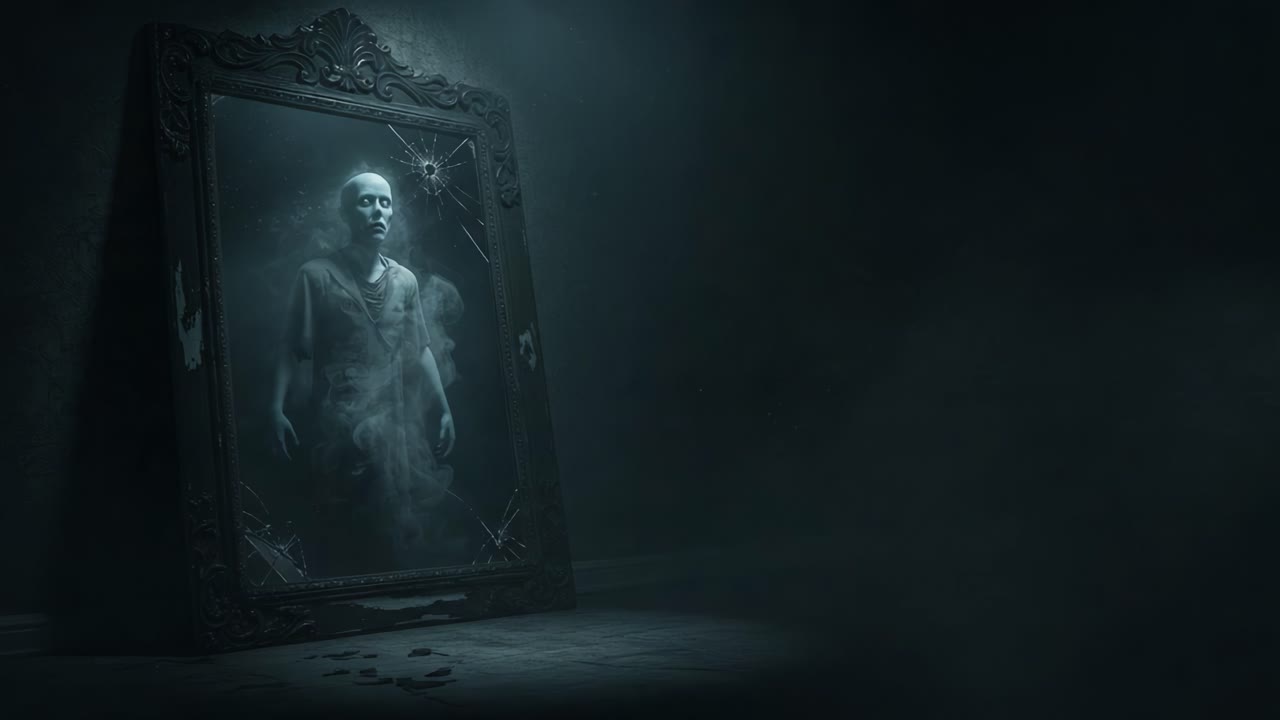 A Haunting Encounter: The Reflection of a Distorted Figure in a Cracked Mirror Surrounded by Eerie Mist Captures the Essence of Mystery and Fear
