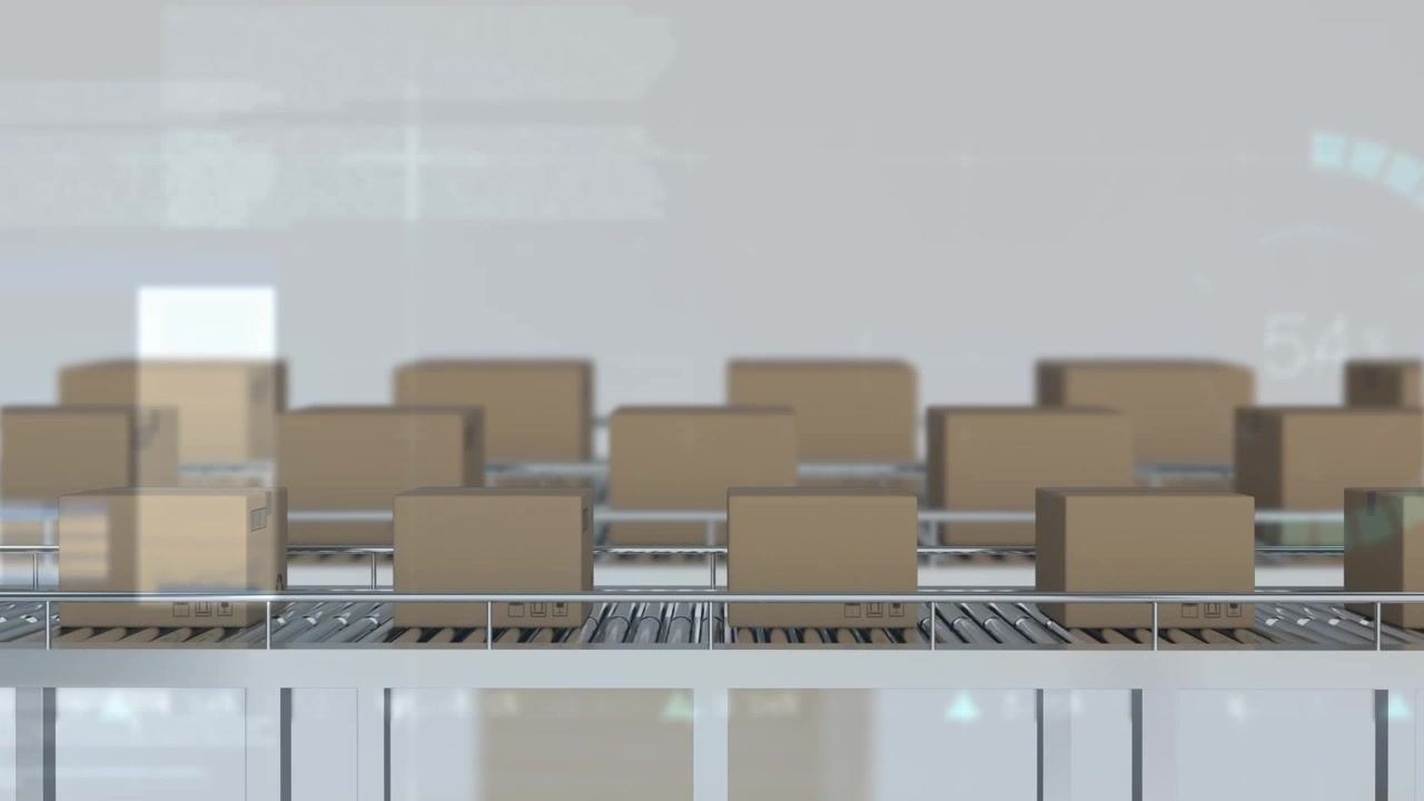 Animation of stock market data processing over boxes on conveyer belt against grey background
