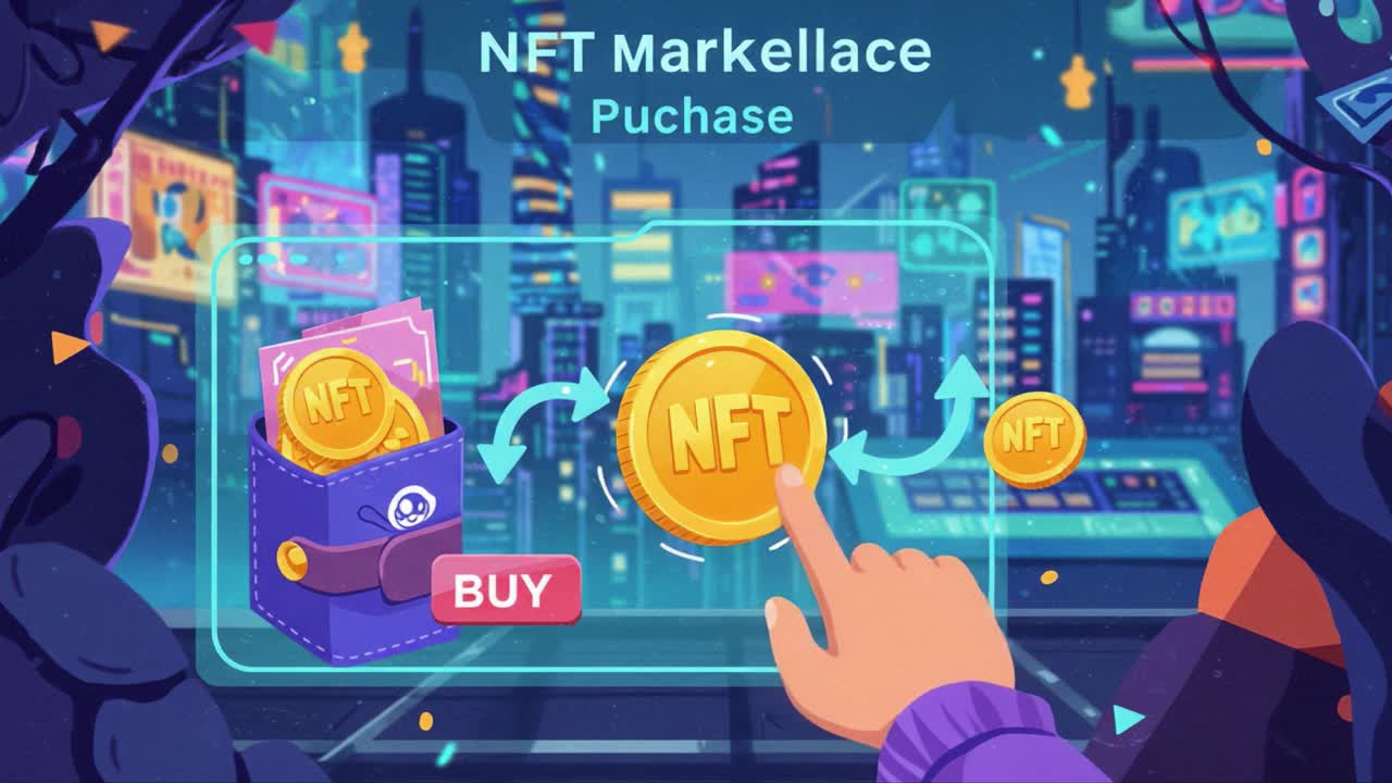 A Vibrant Digital Marketplace for NFTs: Exploring the Purchase Mechanism in a Futuristic Cityscape with Engaging Graphics and User Interaction
