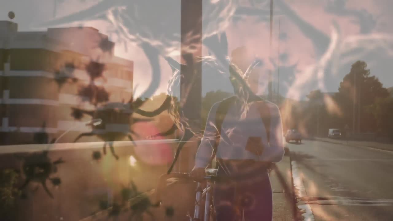 анимация макровируса и клеток коронавируса covid-19, распространяющихся на женщину с маской на лице