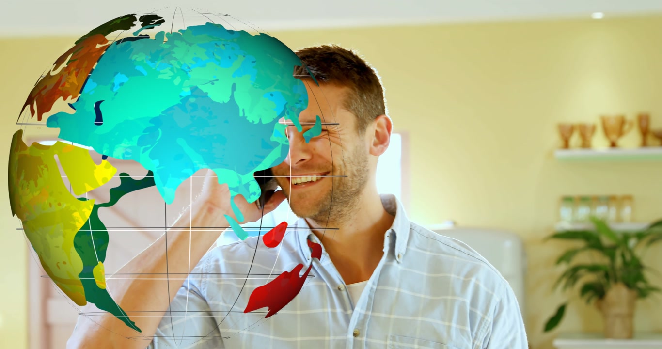 Animation of globe over caucasian man talking on smartphone