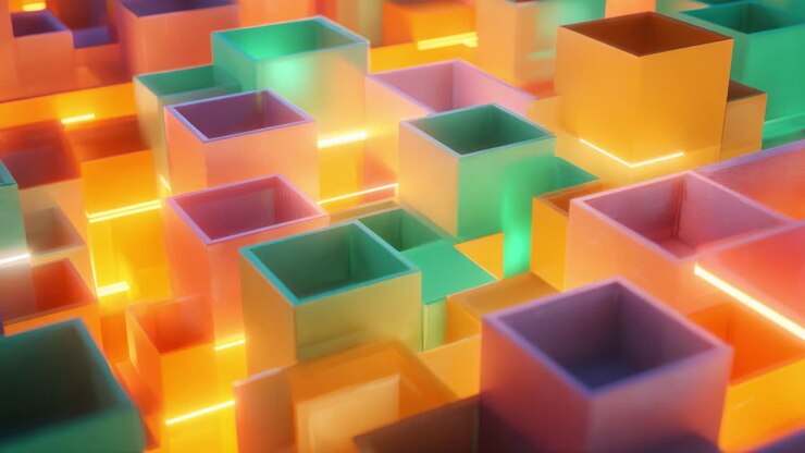 Et levende udvalg af farverige terninger i abstrakt mønster med oplyste kanter, der viser et dynamisk, digitalt landskab fuld af geometriske former og lysinteraktioner