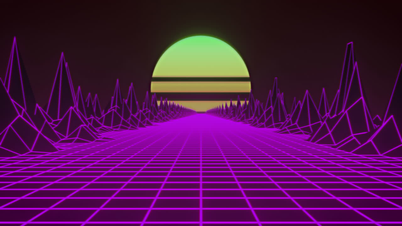 animación de sol verde y red rosada brillante y mapa con montañas que se mueven en un bucle sin costuras