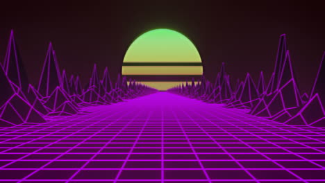 animation of green sun and glowing pink grid and map with mountains moving on seamless loop