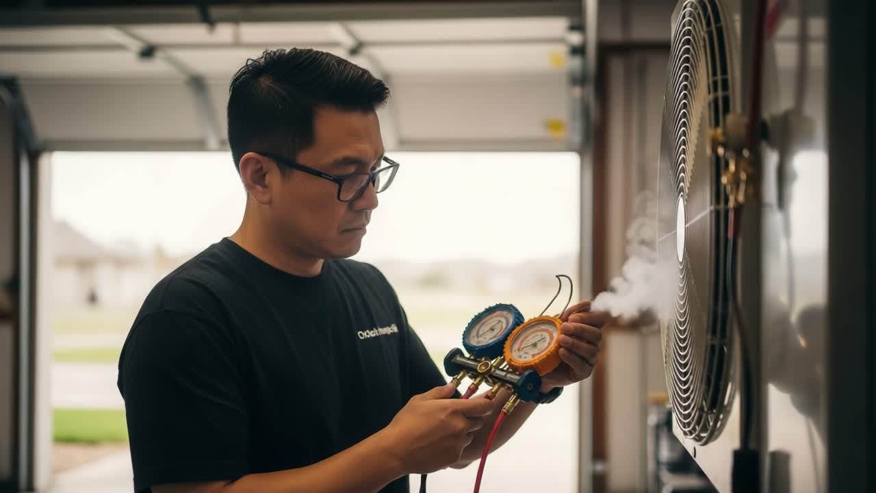 A technician skillfully manages refrigerant pressure with precise gauges, ensuring optimal functionality of the air conditioning unit in this focused maintenance scene.
