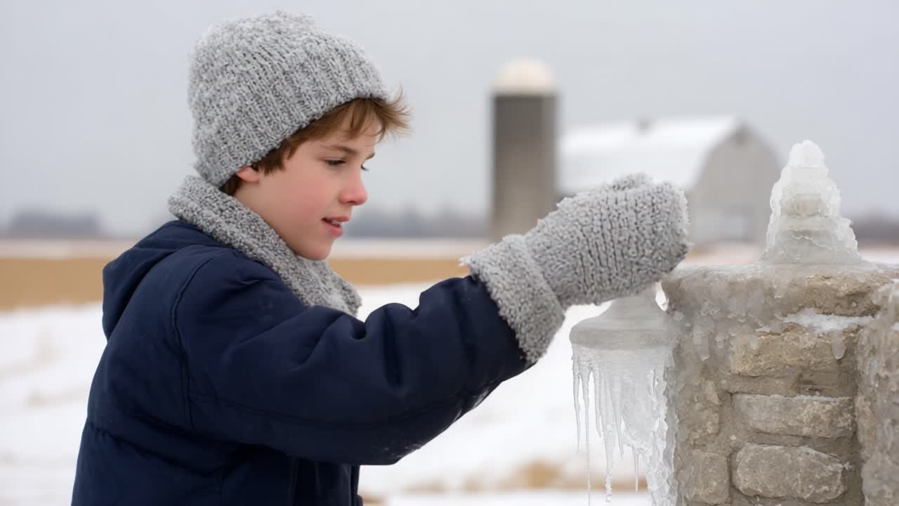 A Young Boy Engages with Ice and Snowy Landscape, Capturing the Essence of Winter's Chill and the Joy of Outdoor Exploration in a Quiet Farm Setting
