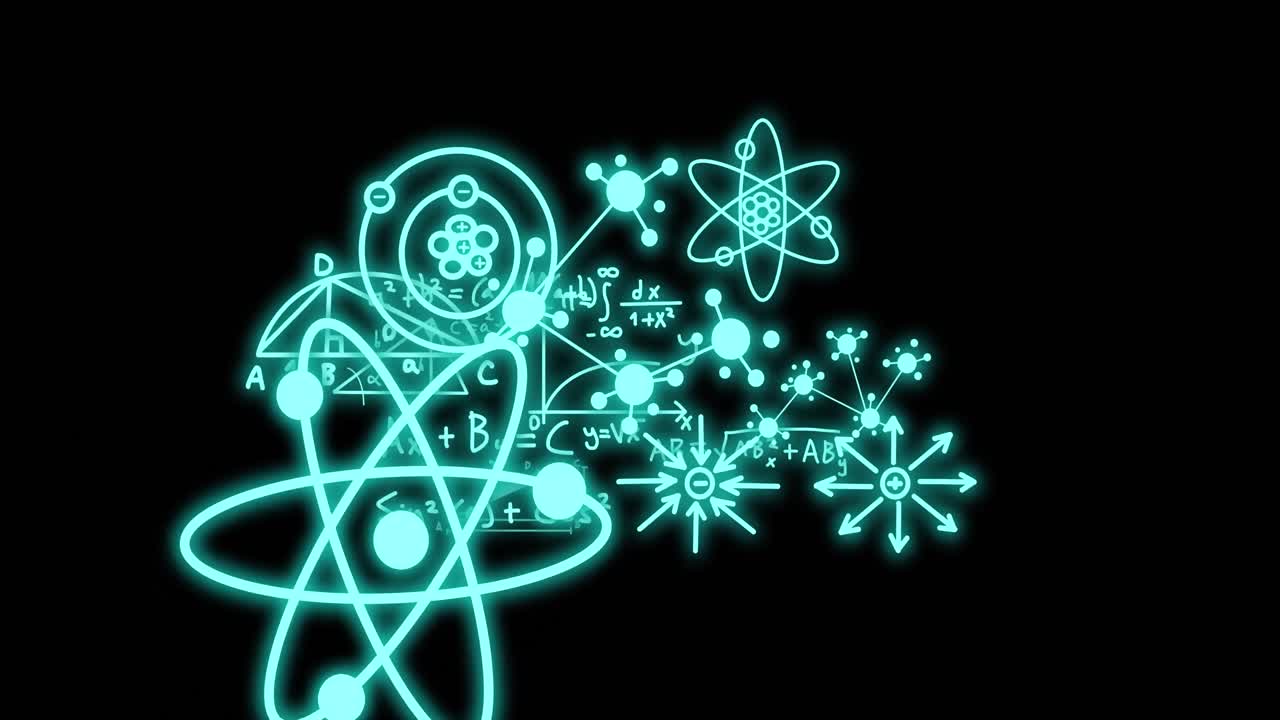 Animation of molecules and scientific data processing over black background