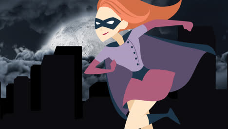 digital animation of female superhero icon over tall buildings against moon in night sky