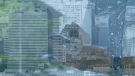 Animation-of-man-using-smartphone-over-cityscape