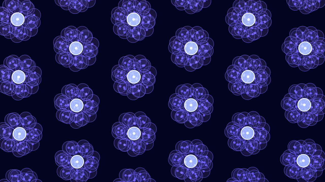 Seamless abstract footage of glowing molecular and atomic symbols repeating across a dark blue background, ideal for science, technology, chemistry, and futuristic design themes