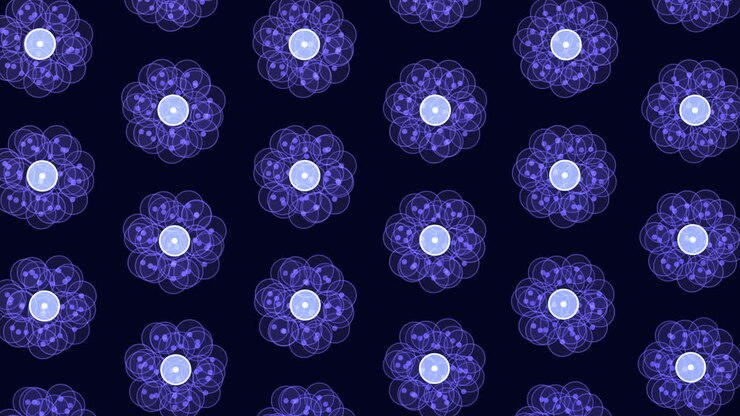 Seamless abstract footage of glowing molecular and atomic symbols repeating across a dark blue background, ideal for science, technology, chemistry, and futuristic design themes