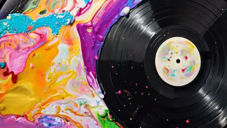 a vinyl record sitting on top of a colorful painting