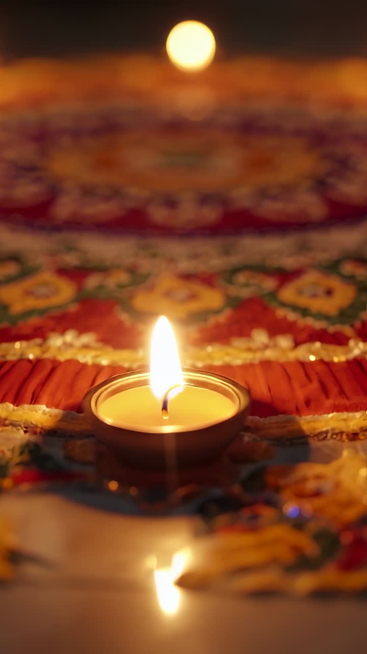 Vertical video: Sliding camera moving forward toward tea light candle on floor, revealing rangoli