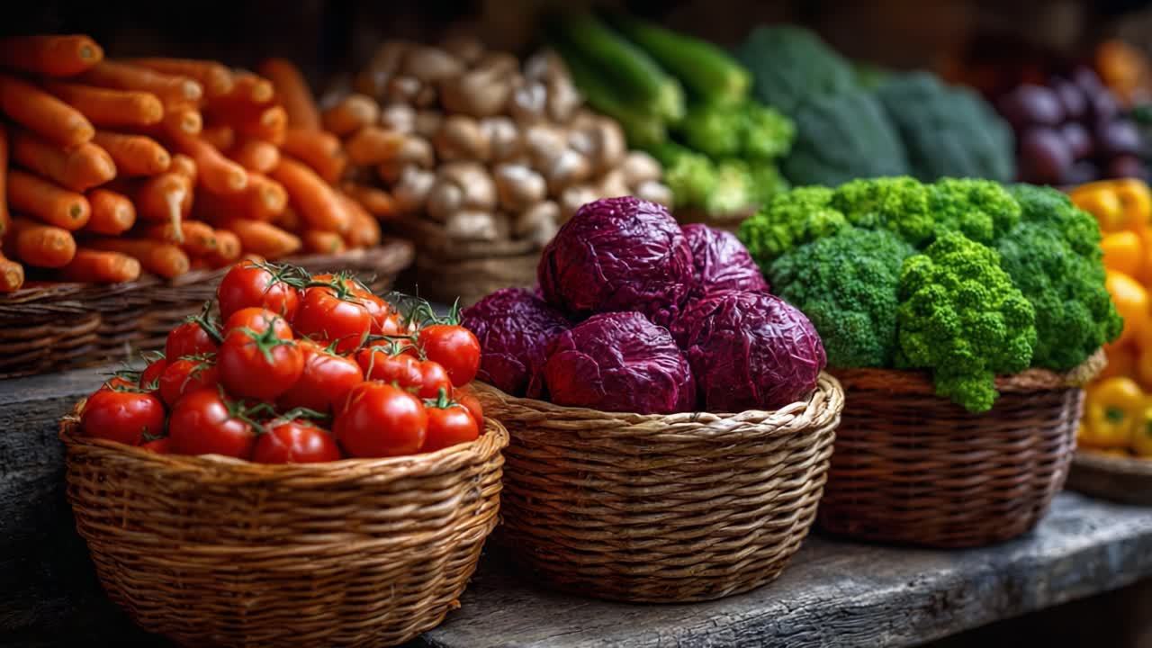 A Vibrant Display of Fresh Vegetables and Herbs in Baskets, Showcasing Nature's Bounty and the Rich Colors of Produce at a Local Market Stands