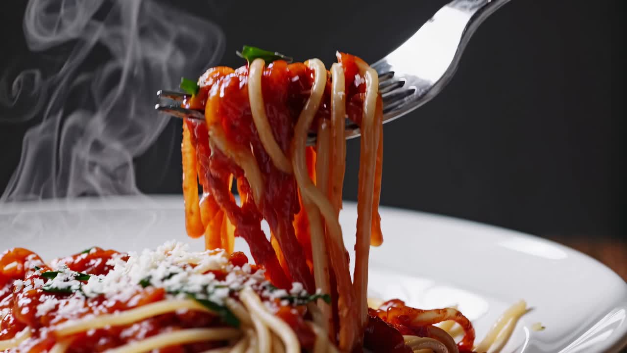 Video ravvicinato di spaghetti con salsa di pomodoro e formaggio, girato da una bassa angolazione