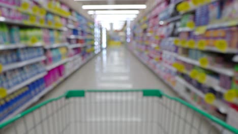 blurry video of empty supermarket cart moving forward in store